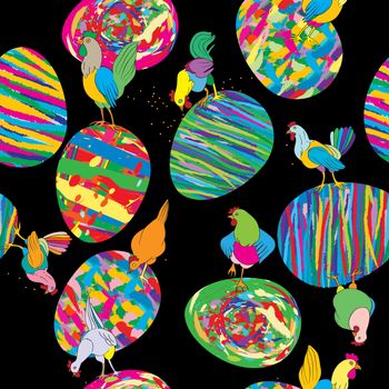 Colored eggs, hens and roosters seamless pattern, hand drawn illustration of a beautiful Easter background over black