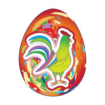 Rooster sticker over an Easter painted egg, hand drawn cartoon illustration isolated on white