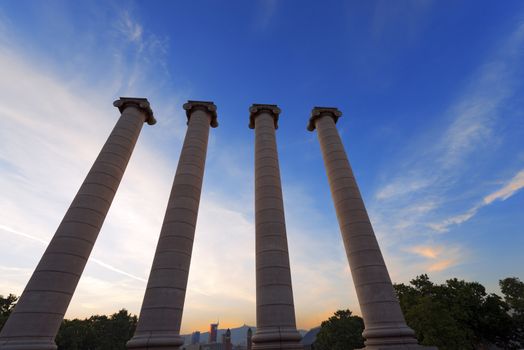 The four columns at sunset near the Palau Nacional in Barcelona, Spain. The columns, symbolize the four stripes of the Catalan flag