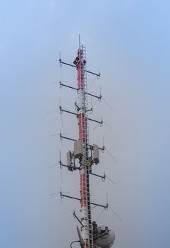 Communication tower radio mast with antenna aerial