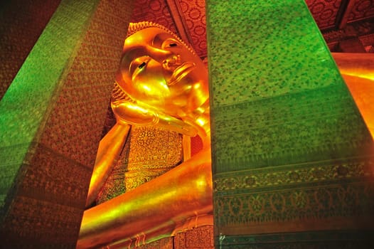The face of Reclining Buddha statue in Thailand Buddha Temple Wat PO