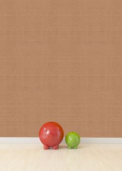 two piggy isolated on floor with corkboard texture wall