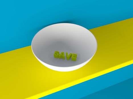 3d save text in bowl on yellow wooden plank 