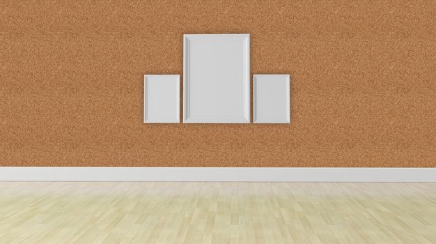 three blank frame on a corkboard wall texture