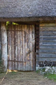 Scenery in the village wooden barn door