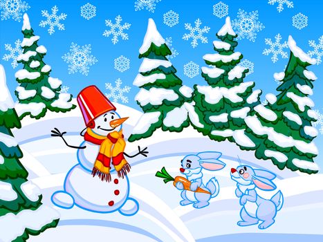 Cartoon illustration of conifer forest on white-blue drifts with a snowman and two blue rabbits. One rabbit is holding in the paws orange carrot. The snowman in a red bucket and orange striped scarf. White and blue background with lots of snowflakes.
