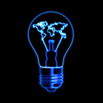 light bulb sign with world map - shining symbol over black background, power concept web icon