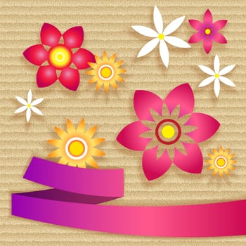 Card with simple flowers and ribbon for your design on cardboard background, eps10