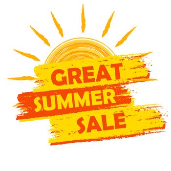 great summer sale banner - text in yellow and orange drawn label with sun symbol, business seasonal shopping concept