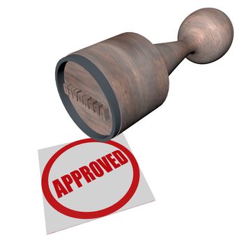 Word "approved" stamped in red by a wooden stamp, 3d render