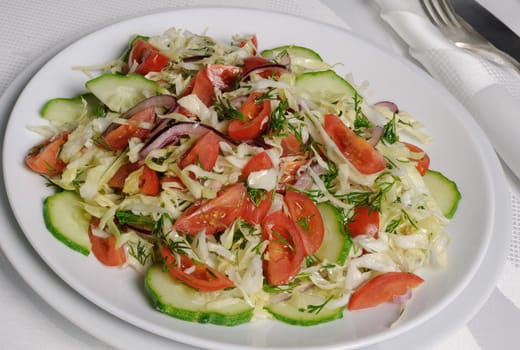 Easy cabbage salad, cucumber and tomato