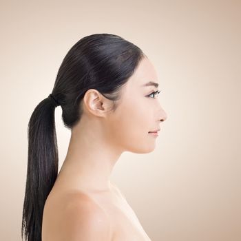 Asian beauty face, side view closeup portrait with clean and fresh elegant lady.