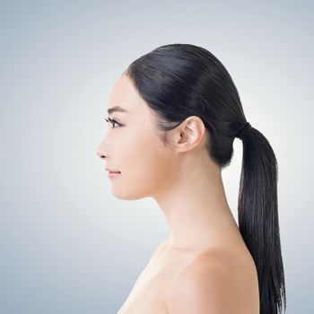 Asian beauty face, side view closeup portrait with clean and fresh elegant lady.