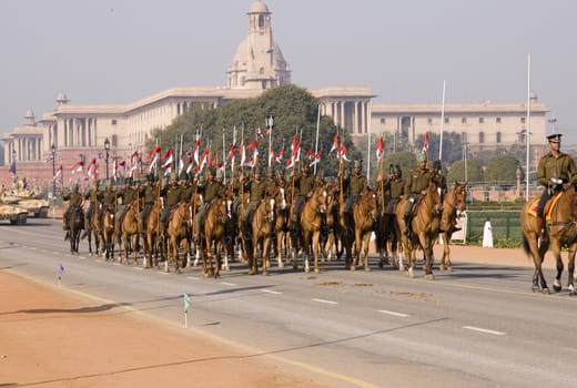 Mounted soldiers parading down the Raj Path, New Delhi in preparation for the Republic Day Parade