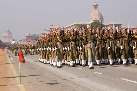 Soldiers parading down the Raj Path in preparation for the Republic Day Parade, New Delhi, India
