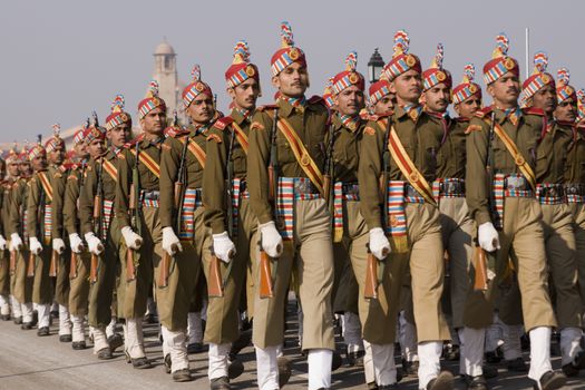 Soldiers parading down the Raj Path in preparation for the Republic Day Parade, New Delhi, India