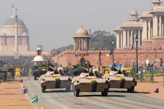 Armoured vehicles driving down the Raj Path in preparation for Republic Day Parade, New Delhi, India