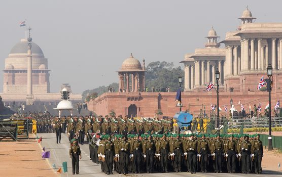 Soldiers parading down the Raj Path in preparation for the Republic Day Parade, New Delhi, India