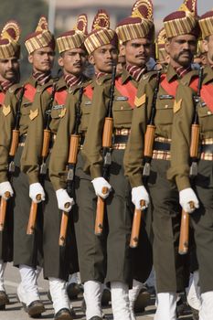 Soldiers marching down the Raj Path in preparation for Republic Day Parade, New Delhi, India