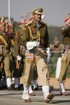 Officer leading his men marching down the Raj Path in preparation for Republic Day Parade, New Delhi, India
