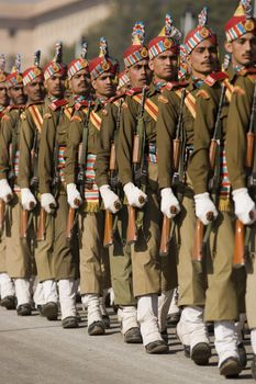 Soldiers parading down the Raj Path in preparation for the Republic Day Parade, New Delhi, India