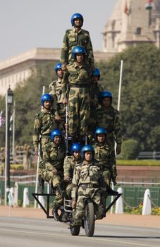 Motorbike display team of the Indian Army riding down the Raj Path in preparation for the Republic Day Parade