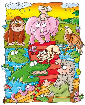 Noah, his ark with happy celebrating animals.
mother, child, drawings, illustrations, stories, books, animals, family, home, park, grass, flowers.