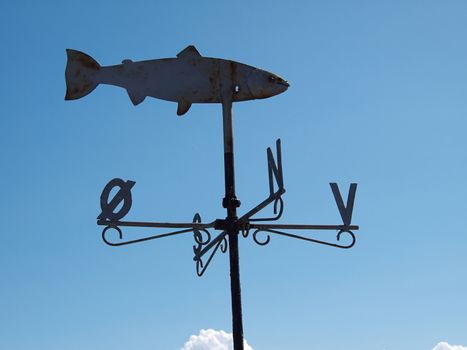 Marine weather vane shaped like a fish blue sky background