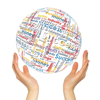 Woman hands sphere with business words. White background