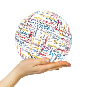 Woman hand sphere with business words. White background