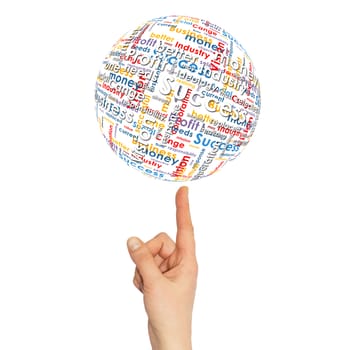 Woman hand sphere with business words. White background