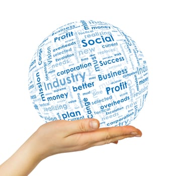 Woman hand sphere with business words. White background