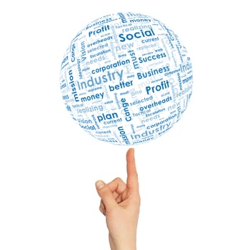 Woman hand sphere with business words. White background