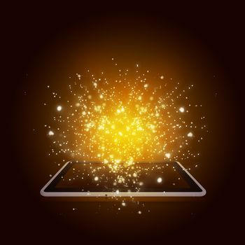 Tablet pc with magic light and falling stars. Dark background