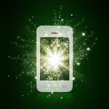 Smart phone with magic light and falling stars. Dark background