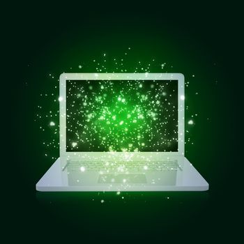 Open laptop with magic light and falling stars. Dark background