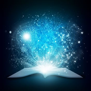 Old open book with magic light and falling stars. Dark background