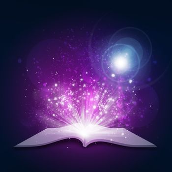 Old open book with magic light and falling stars. Dark background