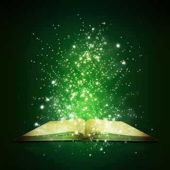 Old open book with magic light and falling stars. Dark background