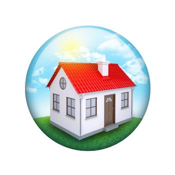 Blue sky, green grass and house. Spherical glossy button. Web element