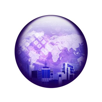 Skyscrapers with world map. Spherical glossy button. Web element