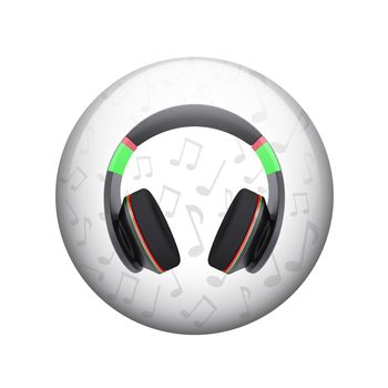 Headphones with music notes. Spherical glossy button. Web element