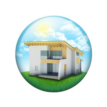 Blue sky, green grass and house. Spherical glossy button. Web element