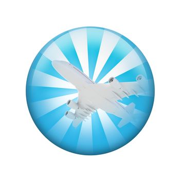 White airplane. Spherical glossy button. Web element