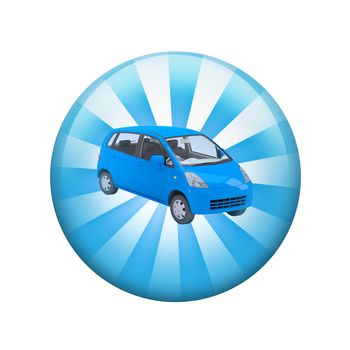 Blue car. Spherical glossy button. Web element