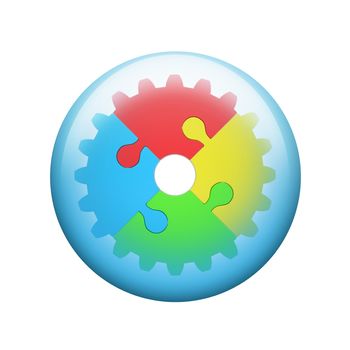 Gear of colorful jigsaw puzzles. Spherical glossy button. Web element