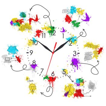 Clock face with colored business sketches. Isolated on white background