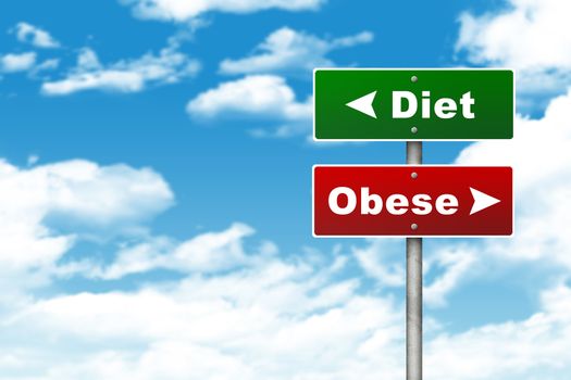 Crossroads road sign. Pointer to the right Diet, but Obese left. Choice concept