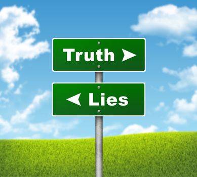 Crossroads road sign. Pointer to the right Truth, but Lies left. Choice concept