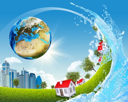 Earth, green grass, buildings and water. Elements of this image are furnished by NASA